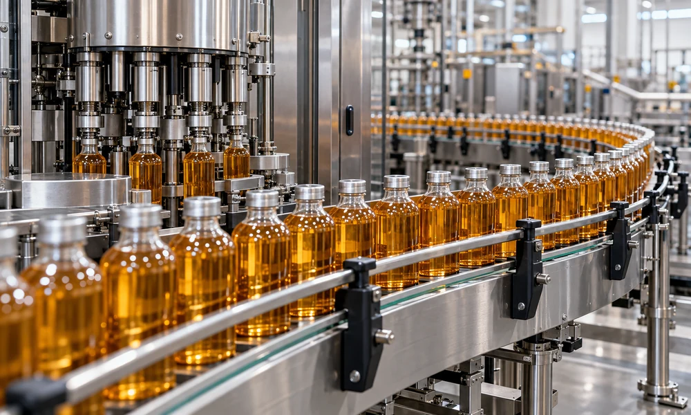 Imagen conceptual de una línea de producción de bebidas