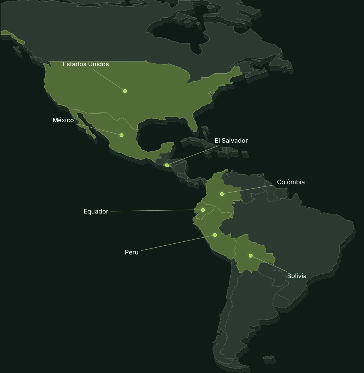 Mapa das Américas com os sete países de experiência profissional: Estados Unidos, México, El Salvador, Colômbia, Equador, Peru e Bolívia.