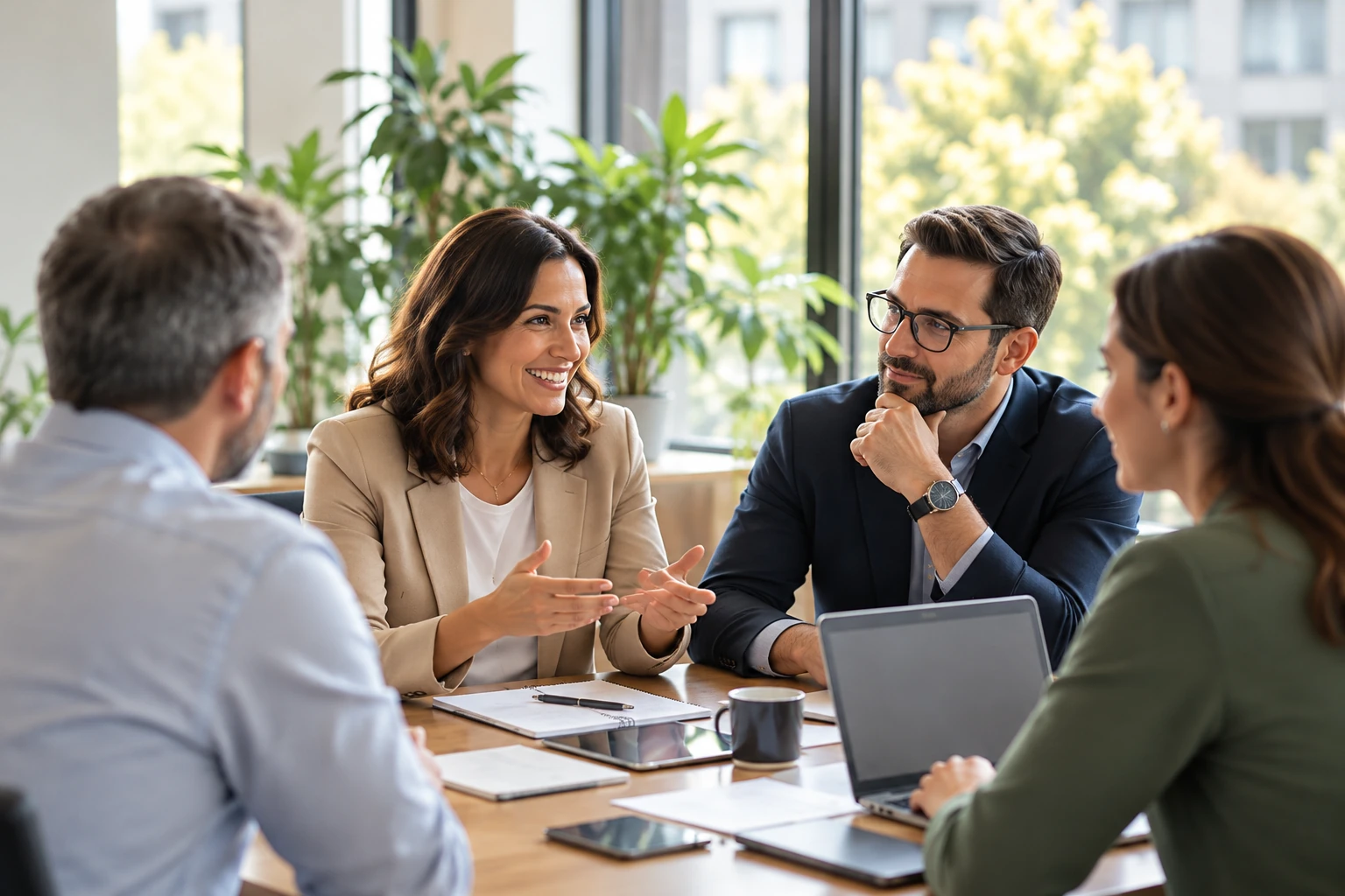Imagen conceptual de profesionales compartiendo conocimiento en una reunión