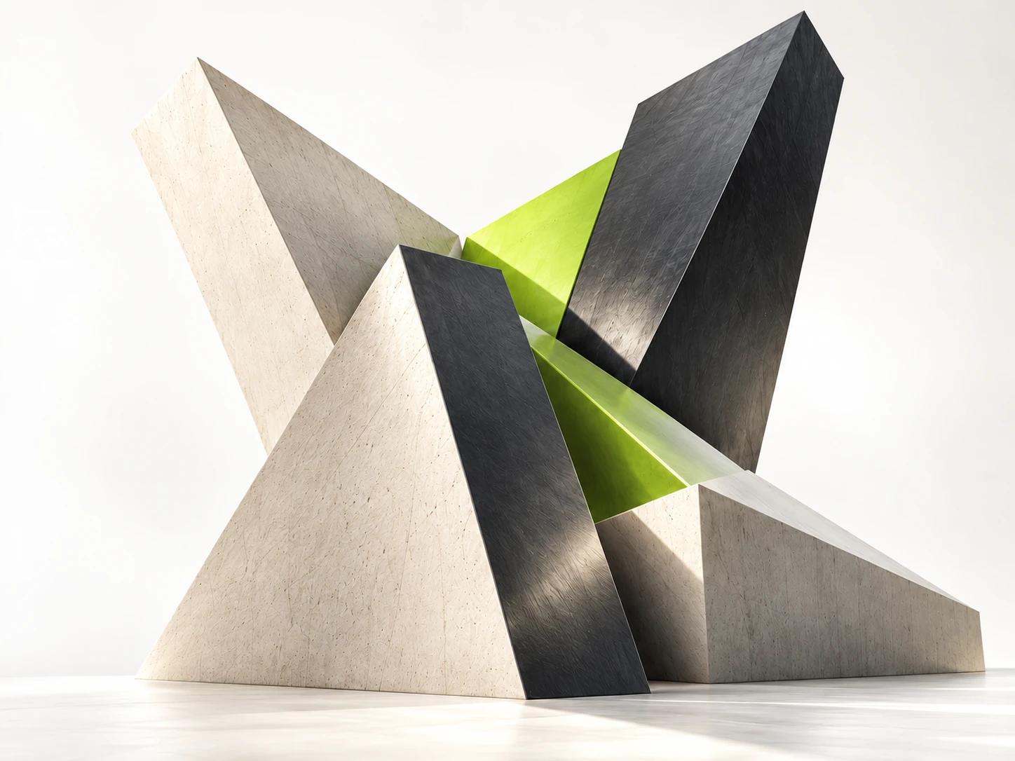 Composición escultórica de planos integrados en blanco, grafito y verde